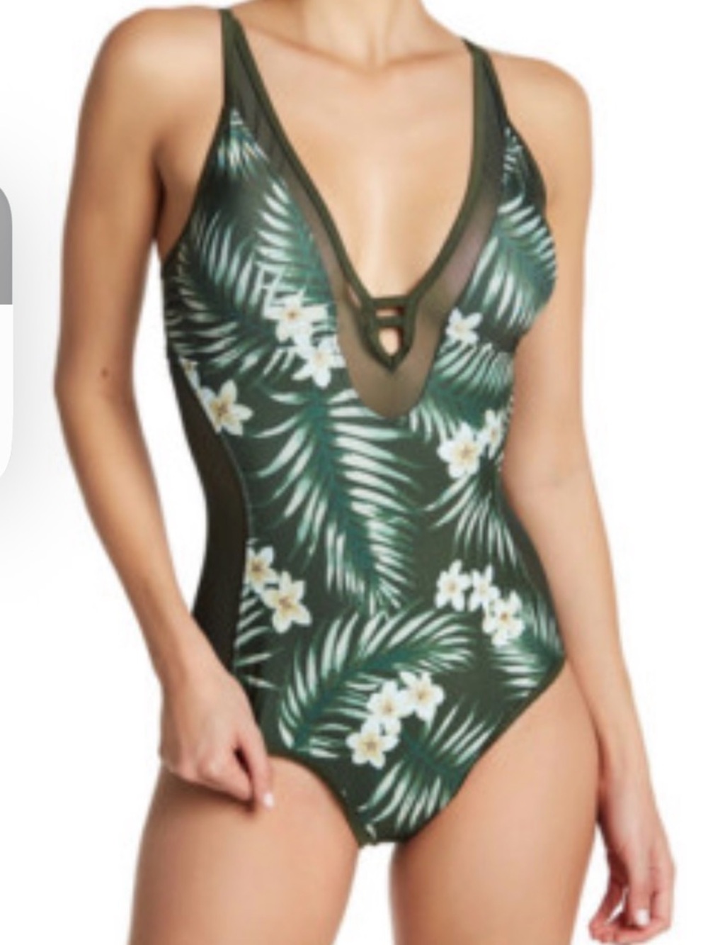 Marilyn Monroe Swimwear Tropical Floral V-Neck One-Piece Swimsuit - Green